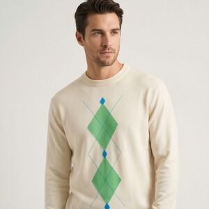 Bobby Chan Mens XXL Vintage Silk Blend Cream Argyle Sweater Preppy Pullover NWT